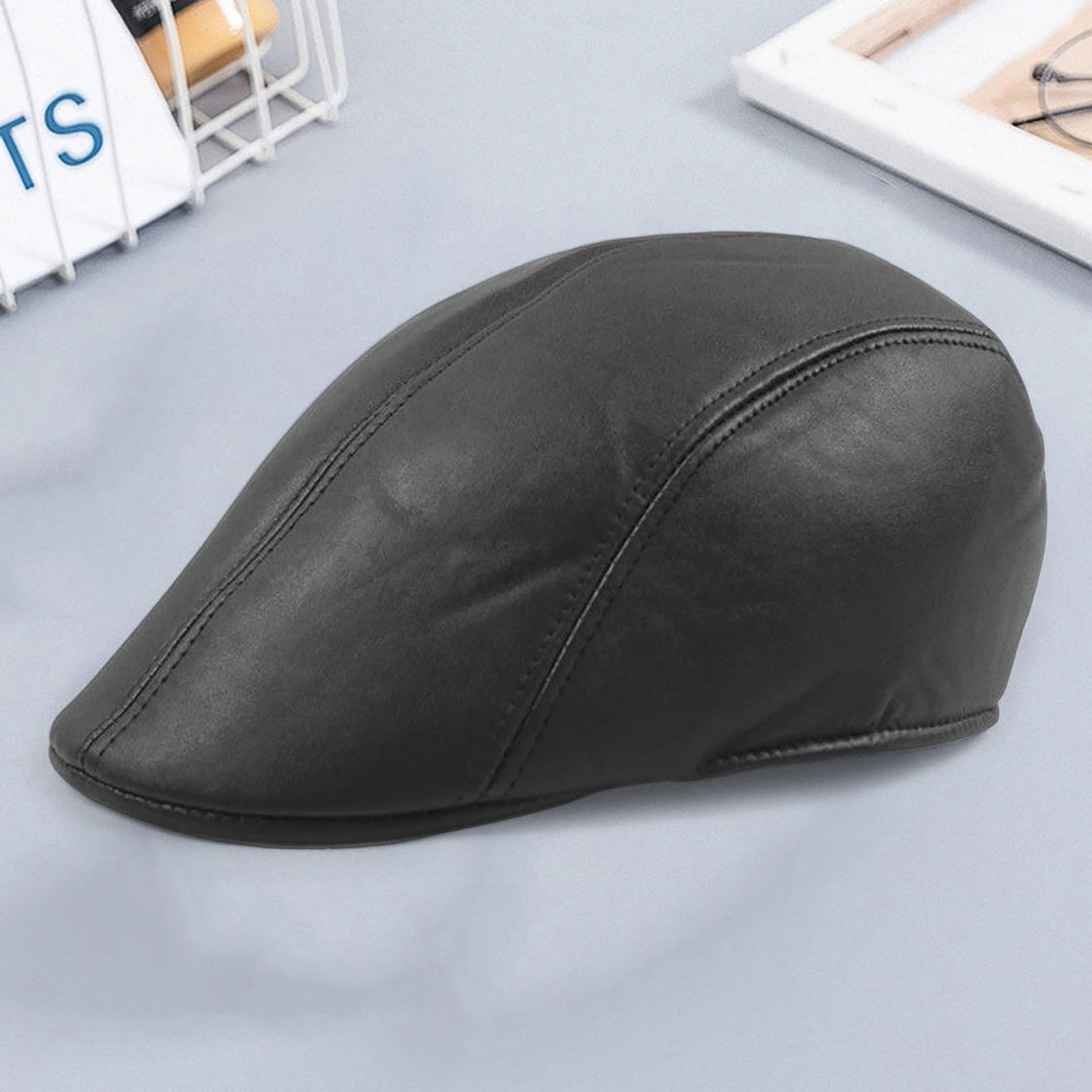 Newsboy Cap Retro Soft Comfortable Waterproof Solid Color Keep Warm Faux Leather Winter Thermal Men Beret Flat Hat for Image 4