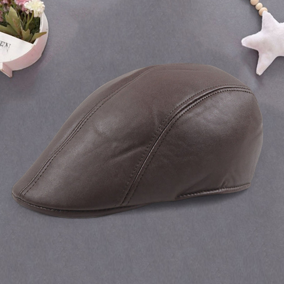 Newsboy Cap Retro Soft Comfortable Waterproof Solid Color Keep Warm Faux Leather Winter Thermal Men Beret Flat Hat for Image 4