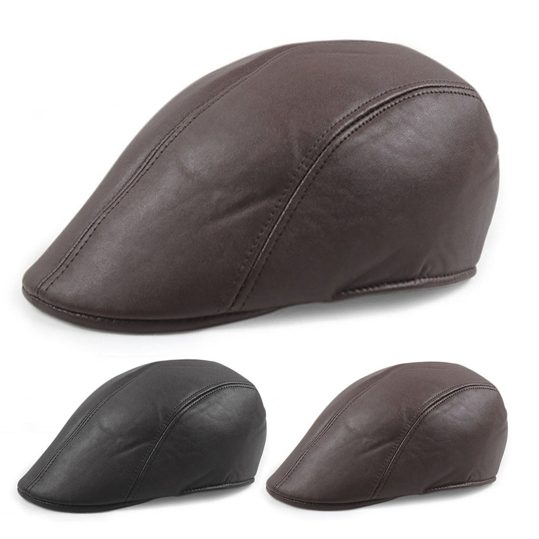 Newsboy Cap Retro Soft Comfortable Waterproof Solid Color Keep Warm Faux Leather Winter Thermal Men Beret Flat Hat for Image 7