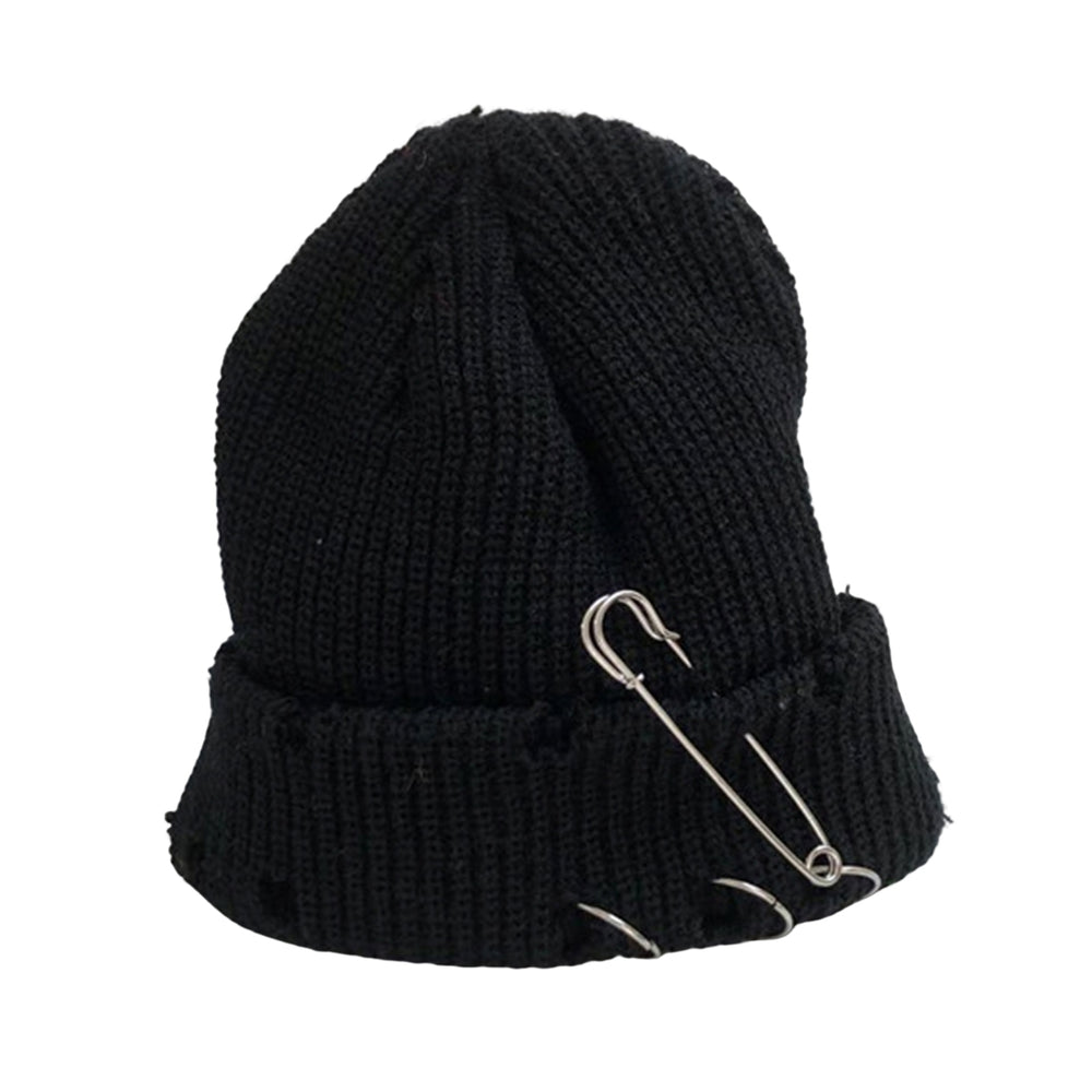 Women Men Bonnet Stretch Brimless Solid Color Knitted Unisex Keep Warm Metal Ring Decor Hip Hop Ripped Men Winter Hat Image 2