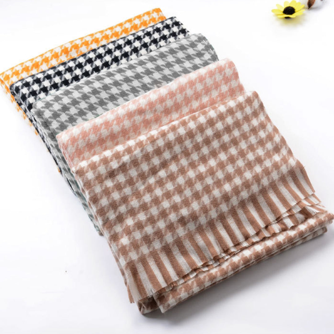 Women Scarf Plaid Print Thick Cozy Soft Washable Neck Protection Tassel Elastic Contrast Color Women Winter Shawl for Image 9