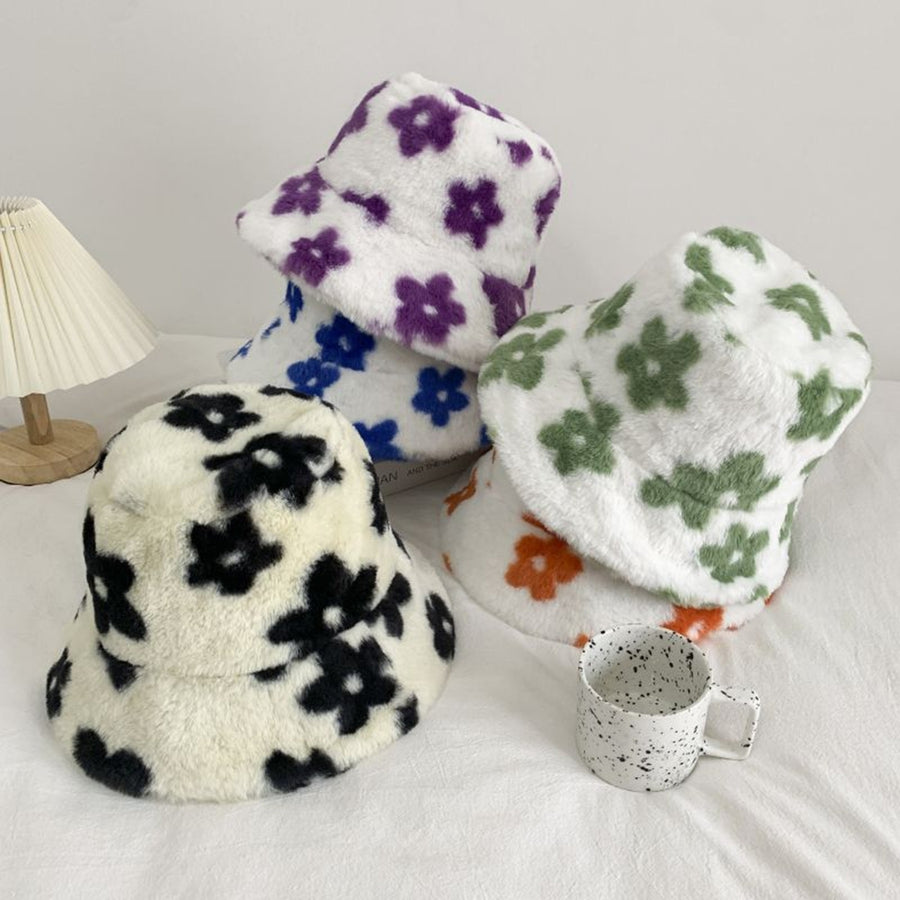 Bucket Hat Flower Pattern Thickened Fuzzy Plush Casual Ears Protection Korean Style Autumn Winter Thermal Ladies Image 1