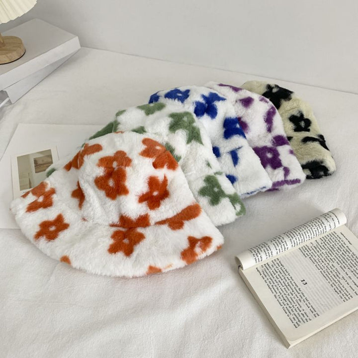 Bucket Hat Flower Pattern Thickened Fuzzy Plush Casual Ears Protection Korean Style Autumn Winter Thermal Ladies Image 7