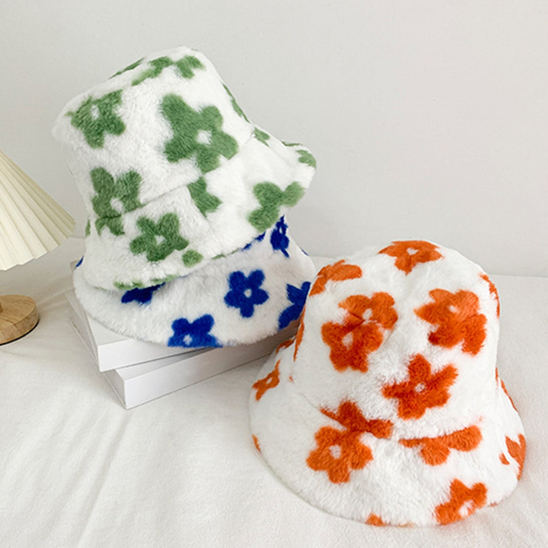 Bucket Hat Flower Pattern Thickened Fuzzy Plush Casual Ears Protection Korean Style Autumn Winter Thermal Ladies Image 8