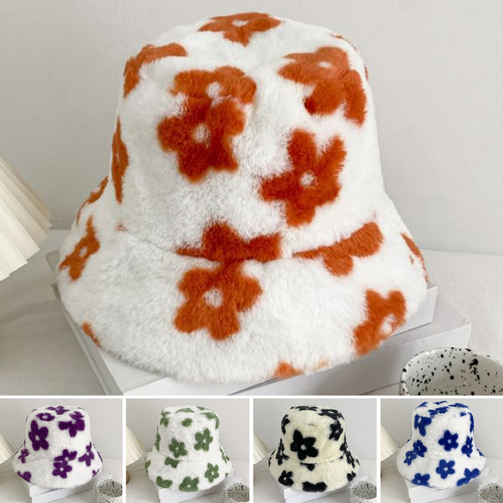 Bucket Hat Flower Pattern Thickened Fuzzy Plush Casual Ears Protection Korean Style Autumn Winter Thermal Ladies Image 11