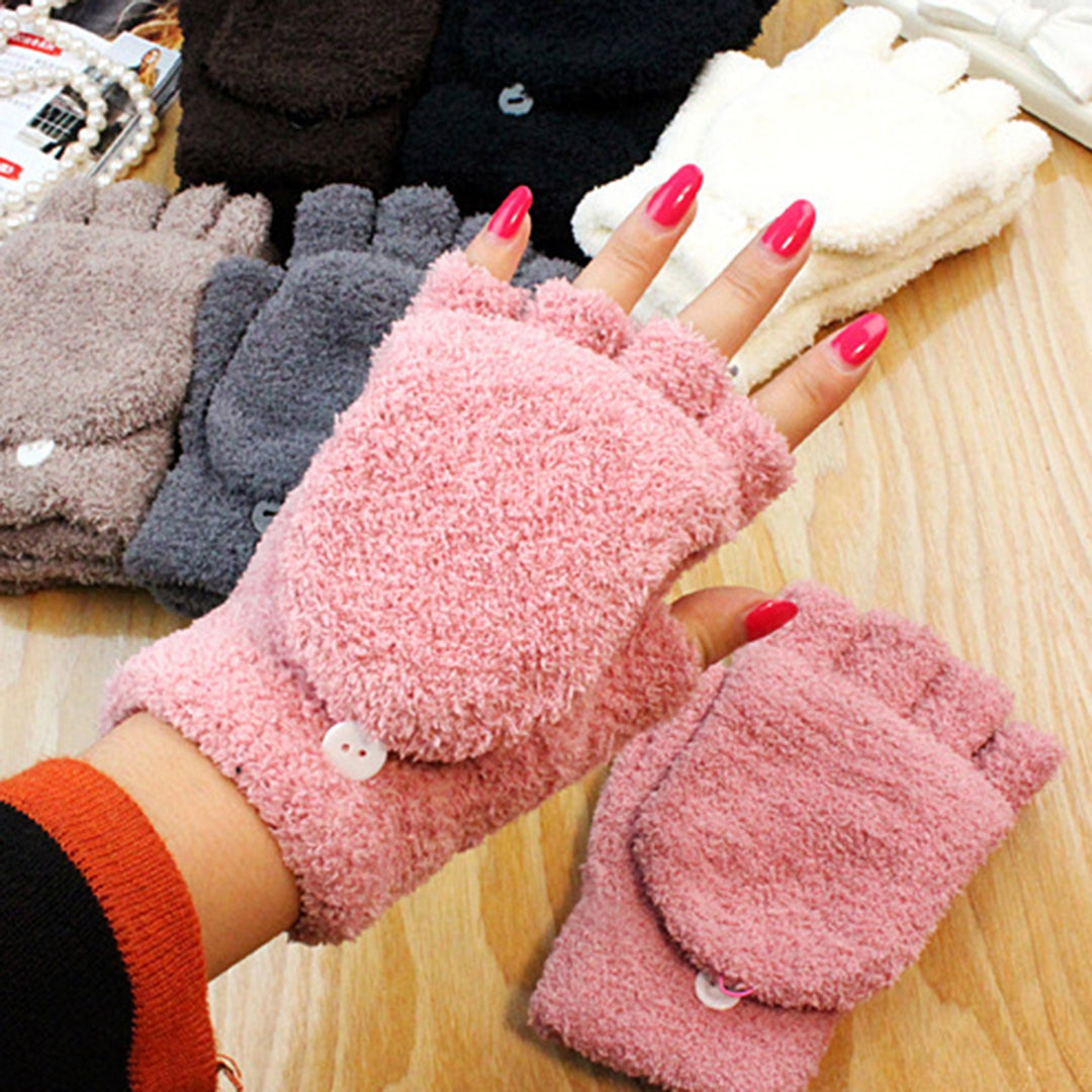 1 Pair Women Gloves Half Finger Flip Fuzzy Solid Color Stretchy Keep Warm Super Soft Autumn Winter Lady Writing Gloves Image 8