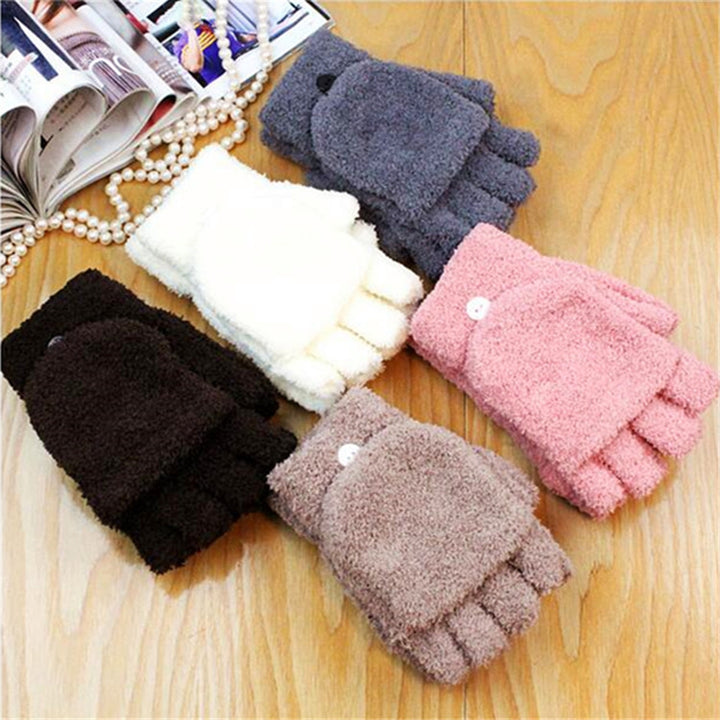 1 Pair Women Gloves Half Finger Flip Fuzzy Solid Color Stretchy Keep Warm Super Soft Autumn Winter Lady Writing Gloves Image 9