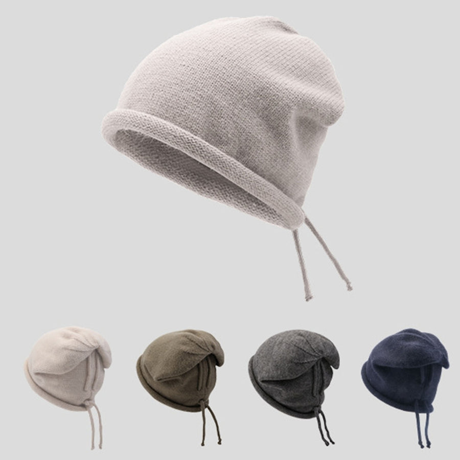 Women Men Hat Knitting Drawstring Solid Color Soft Piled Decorative Head Protection Elastic Unisex Skull Beanies for Image 1