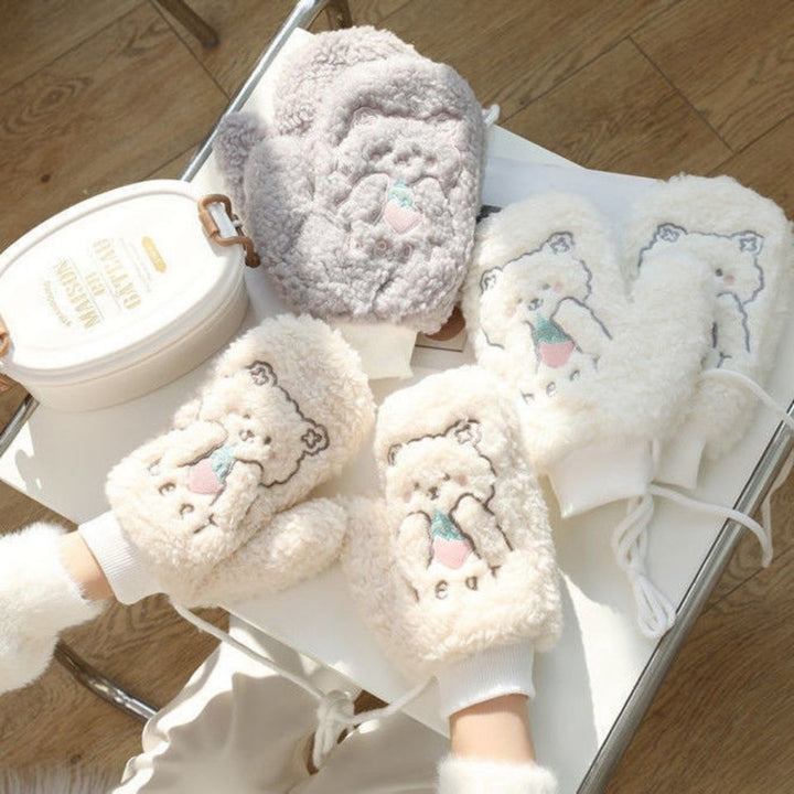 1 Pair Women Mittens Cartoon Bear Embroidery Plush Fuzzy Thickened Hanging Rope Soft Warm Autumn Winter Girls Gloves for Image 1