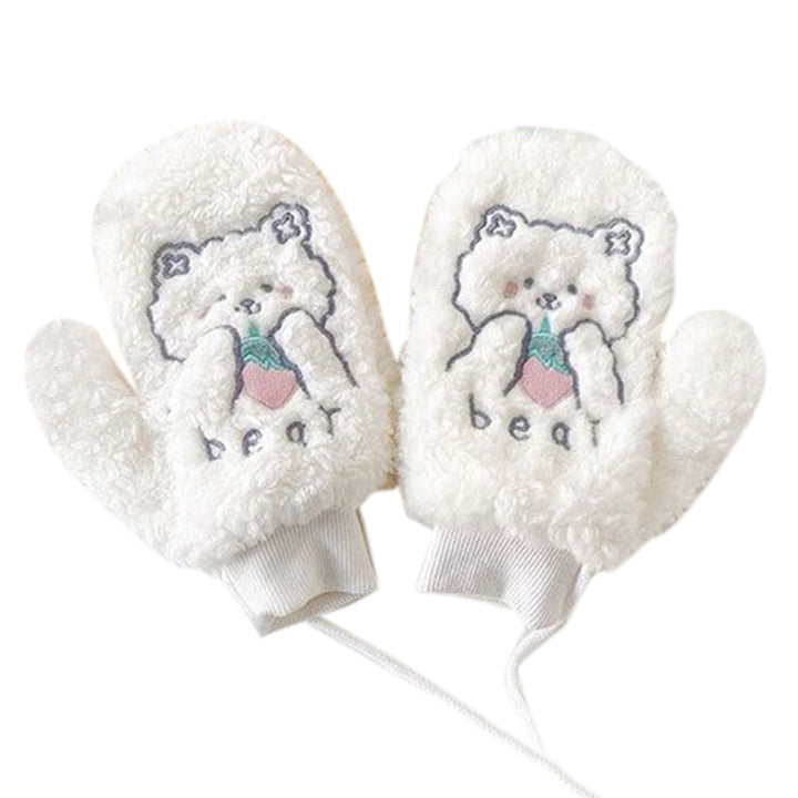 1 Pair Women Mittens Cartoon Bear Embroidery Plush Fuzzy Thickened Hanging Rope Soft Warm Autumn Winter Girls Gloves for Image 2