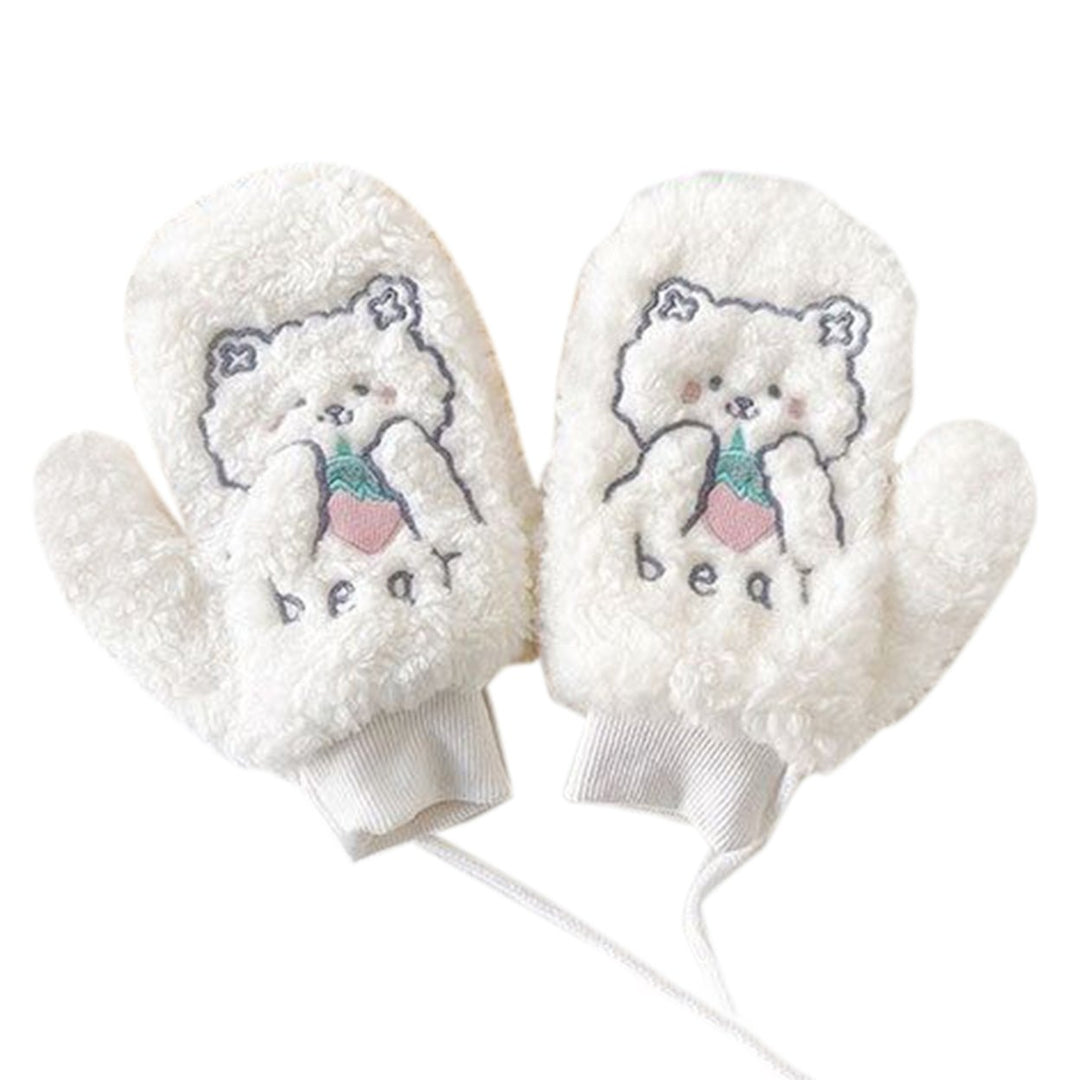 1 Pair Women Mittens Cartoon Bear Embroidery Plush Fuzzy Thickened Hanging Rope Soft Warm Autumn Winter Girls Gloves for Image 1