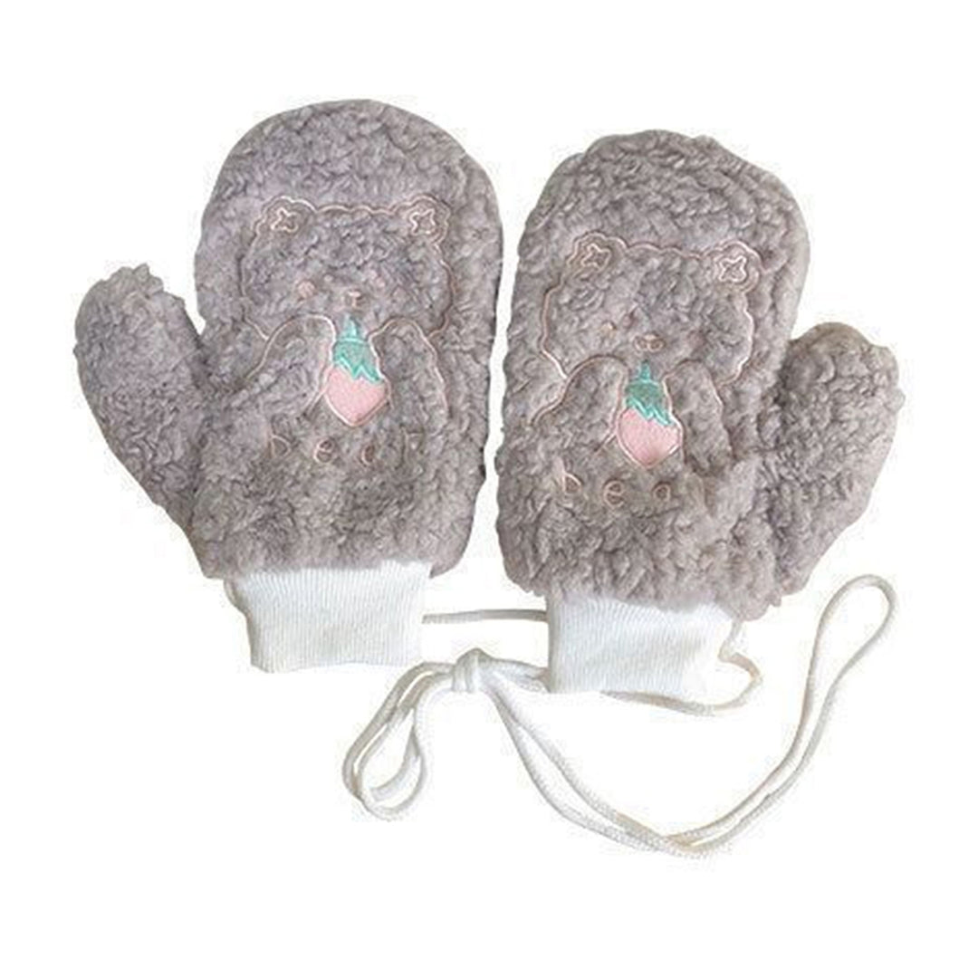 1 Pair Women Mittens Cartoon Bear Embroidery Plush Fuzzy Thickened Hanging Rope Soft Warm Autumn Winter Girls Gloves for Image 3