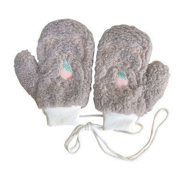 1 Pair Women Mittens Cartoon Bear Embroidery Plush Fuzzy Thickened Hanging Rope Soft Warm Autumn Winter Girls Gloves for Image 1