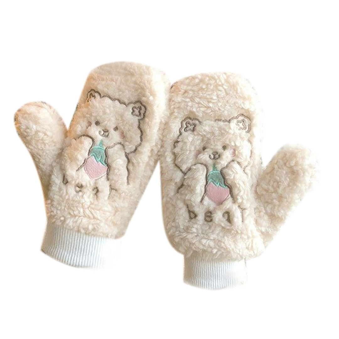 1 Pair Women Mittens Cartoon Bear Embroidery Plush Fuzzy Thickened Hanging Rope Soft Warm Autumn Winter Girls Gloves for Image 1