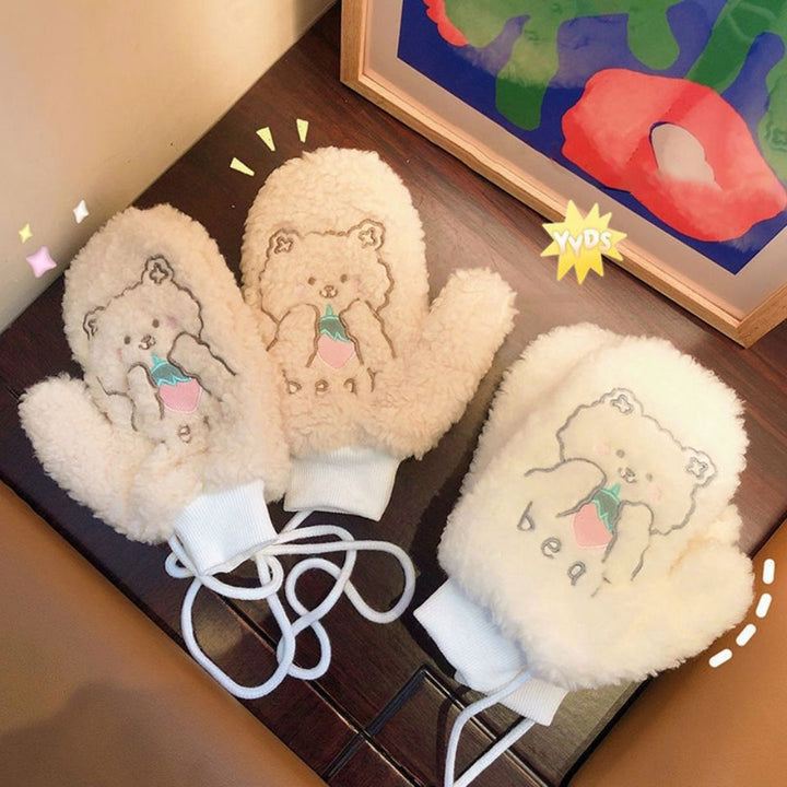 1 Pair Women Mittens Cartoon Bear Embroidery Plush Fuzzy Thickened Hanging Rope Soft Warm Autumn Winter Girls Gloves for Image 4