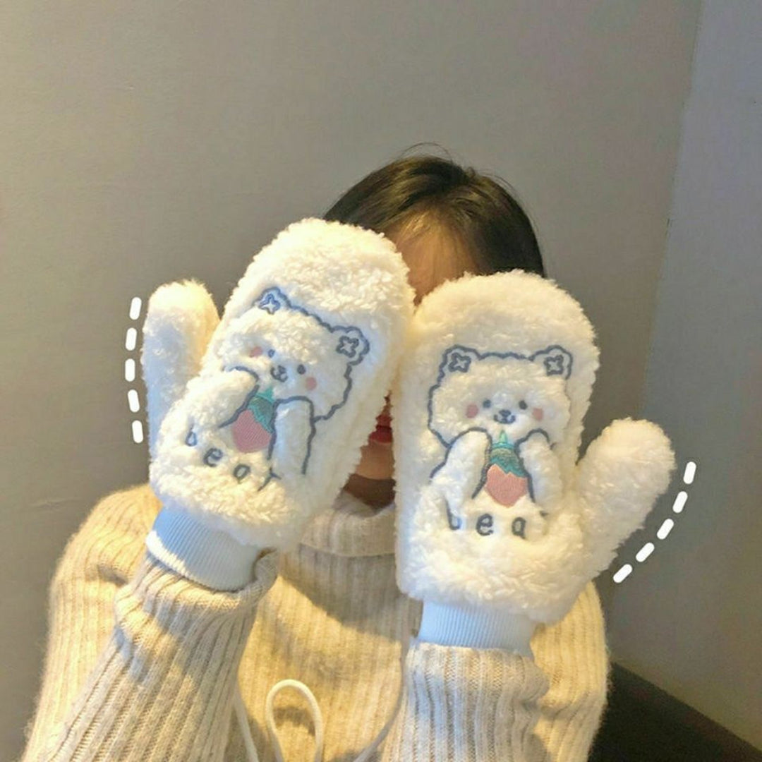 1 Pair Women Mittens Cartoon Bear Embroidery Plush Fuzzy Thickened Hanging Rope Soft Warm Autumn Winter Girls Gloves for Image 6