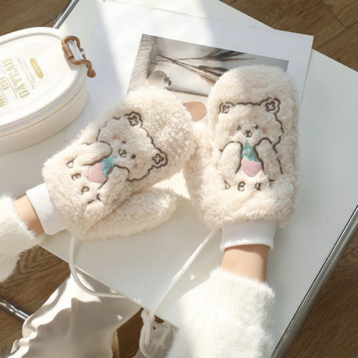 1 Pair Women Mittens Cartoon Bear Embroidery Plush Fuzzy Thickened Hanging Rope Soft Warm Autumn Winter Girls Gloves for Image 7