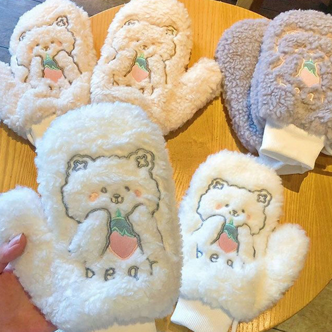 1 Pair Women Mittens Cartoon Bear Embroidery Plush Fuzzy Thickened Hanging Rope Soft Warm Autumn Winter Girls Gloves for Image 9