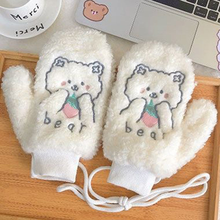 1 Pair Women Mittens Cartoon Bear Embroidery Plush Fuzzy Thickened Hanging Rope Soft Warm Autumn Winter Girls Gloves for Image 11