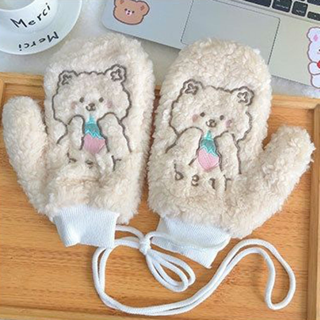1 Pair Women Mittens Cartoon Bear Embroidery Plush Fuzzy Thickened Hanging Rope Soft Warm Autumn Winter Girls Gloves for Image 12