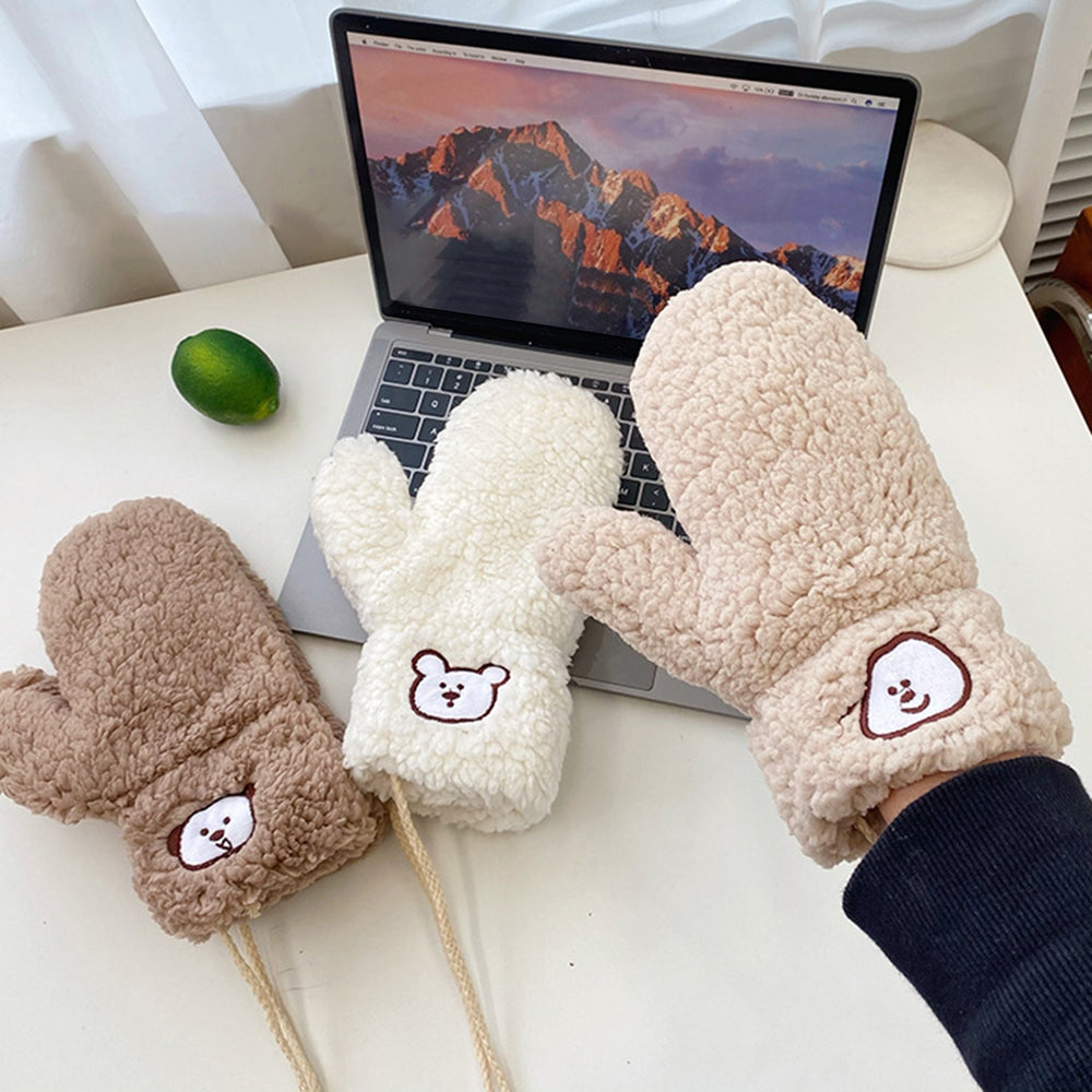1 Pair Girls Mittens Fuzzy Cute Animal Embroidery Hanging Rope Thickened Soft Keep Warm Sherpa Windproof Winter Adults Image 2