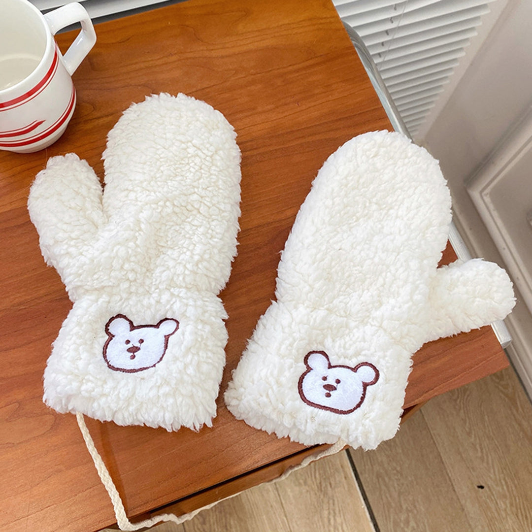 1 Pair Girls Mittens Fuzzy Cute Animal Embroidery Hanging Rope Thickened Soft Keep Warm Sherpa Windproof Winter Adults Image 4