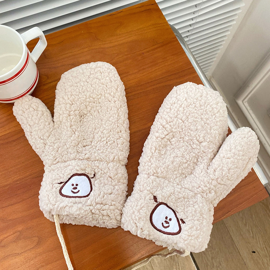 1 Pair Girls Mittens Fuzzy Cute Animal Embroidery Hanging Rope Thickened Soft Keep Warm Sherpa Windproof Winter Adults Image 7