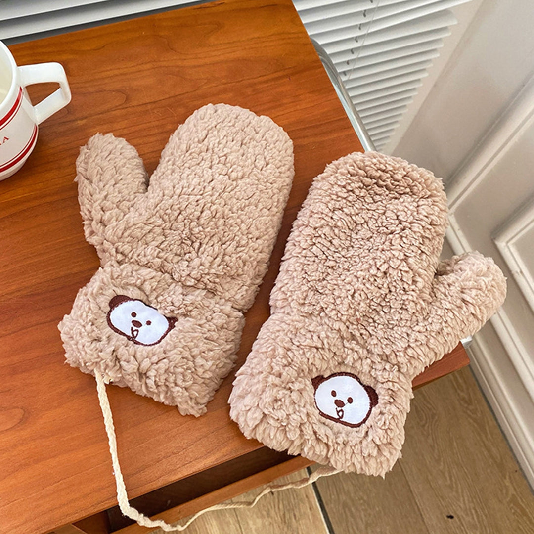 1 Pair Girls Mittens Fuzzy Cute Animal Embroidery Hanging Rope Thickened Soft Keep Warm Sherpa Windproof Winter Adults Image 8