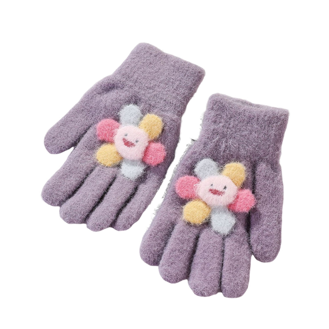 1 Pair Kids Gloves Full Finger Colorful Sunflower Decor Thickened Stretchy Keep Warm Soft Winter Thermal Girls Pupil Image 3