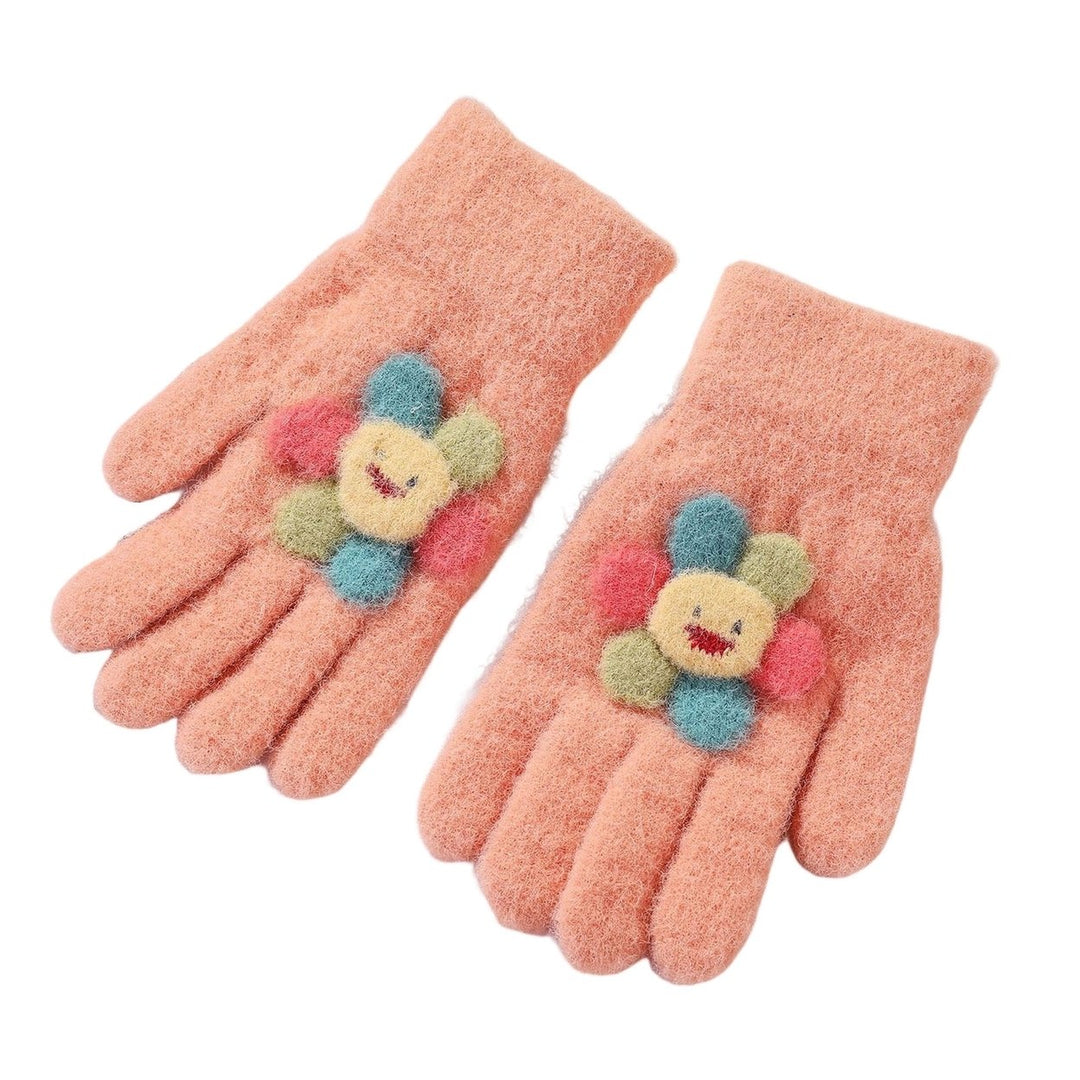 1 Pair Kids Gloves Full Finger Colorful Sunflower Decor Thickened Stretchy Keep Warm Soft Winter Thermal Girls Pupil Image 1