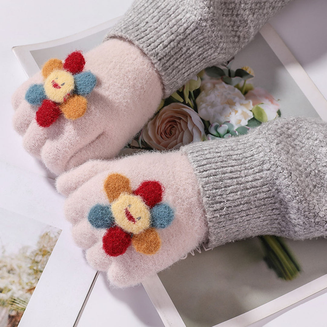 1 Pair Kids Gloves Full Finger Colorful Sunflower Decor Thickened Stretchy Keep Warm Soft Winter Thermal Girls Pupil Image 8