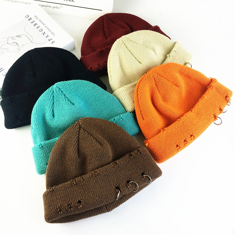 Unisex Hat Retro Style Washable Solid Color Non-Fading Windproof Keep Warm Acrylic Autumn Winter Hole Knitted Cap with Image 1