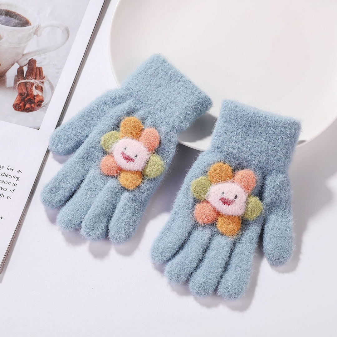 1 Pair Kids Gloves Full Finger Colorful Sunflower Decor Thickened Stretchy Keep Warm Soft Winter Thermal Girls Pupil Image 10