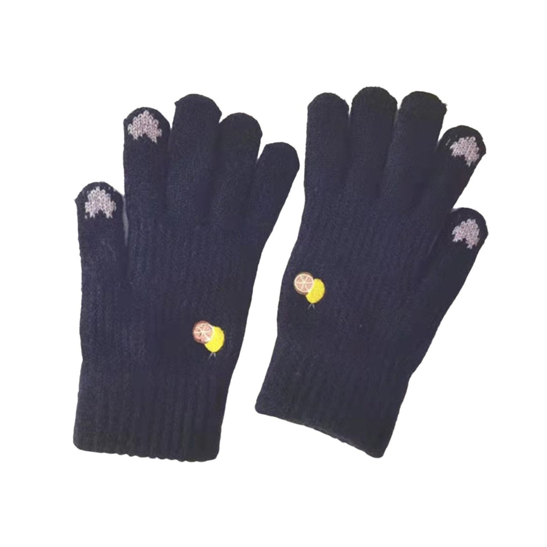 1 Pair Winter Gloves Knitted Fleeced Full Fingers Windproof Touch Screen Warm Heart Embroidery Elastic Cycling Gloves Image 1