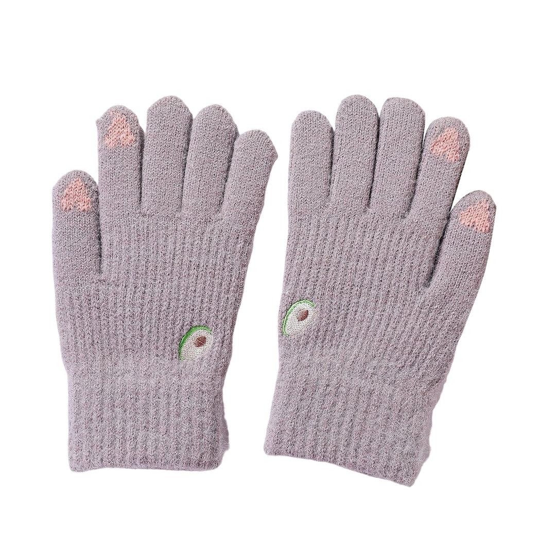 1 Pair Winter Gloves Knitted Fleeced Full Fingers Windproof Touch Screen Warm Heart Embroidery Elastic Cycling Gloves Image 3
