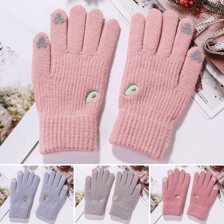 1 Pair Winter Gloves Knitted Fleeced Full Fingers Windproof Touch Screen Warm Heart Embroidery Elastic Cycling Gloves Image 8