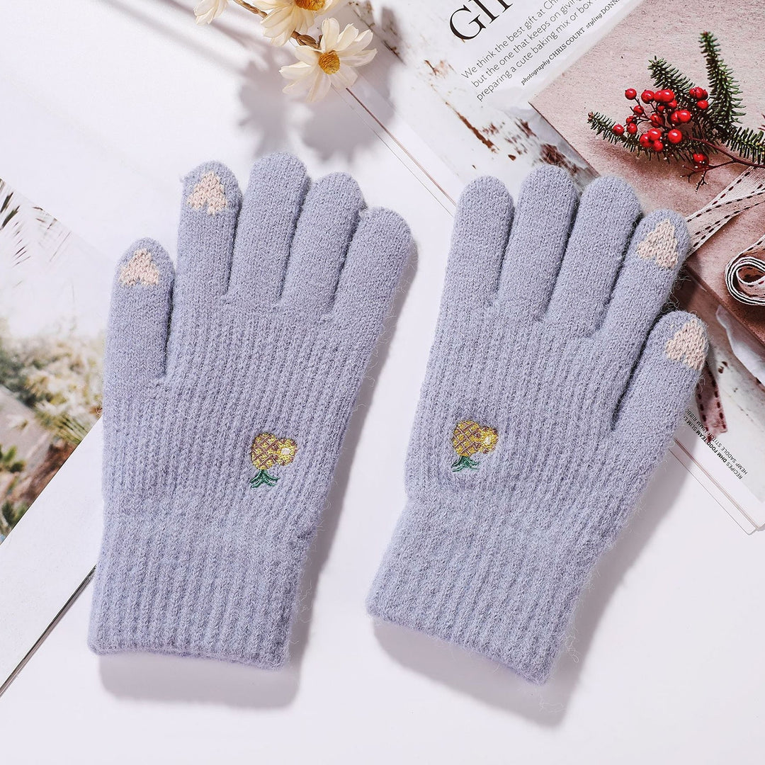 1 Pair Winter Gloves Knitted Fleeced Full Fingers Windproof Touch Screen Warm Heart Embroidery Elastic Cycling Gloves Image 9