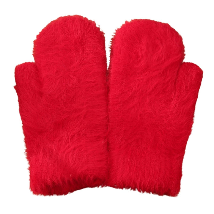 1 Pair Adults Mittens Thickened Stretchy Soft Fuzzy Cozy Cold Resistant Solid Color Windproof Winter Women Gloves for Image 1