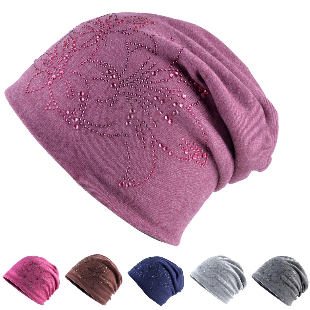 Solid Color Hat Fashion Rhinestone Double-layer All-match Soft Everyday Wear Cotton Blend Women Beanie Rhinestone Flower Image 1