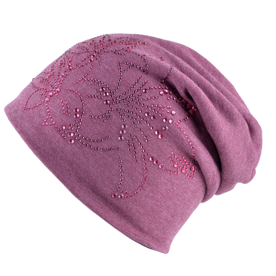 Solid Color Hat Fashion Rhinestone Double-layer All-match Soft Everyday Wear Cotton Blend Women Beanie Rhinestone Flower Image 2