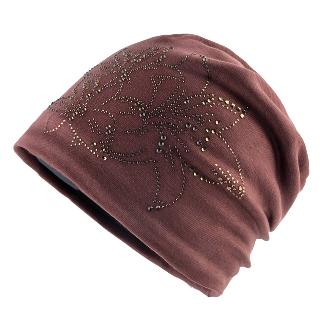 Solid Color Hat Fashion Rhinestone Double-layer All-match Soft Everyday Wear Cotton Blend Women Beanie Rhinestone Flower Image 4