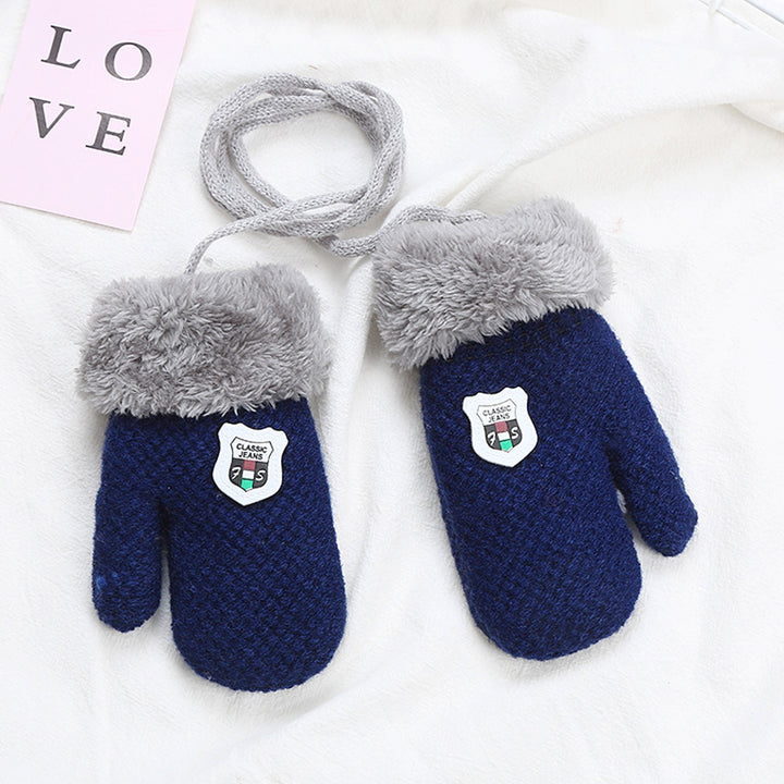 1 Pair Hanging Rope Thickened Fleece Lining Windproof Winter Gloves Cartoon Logo Solid Color Baby Knitting Mittens Image 8