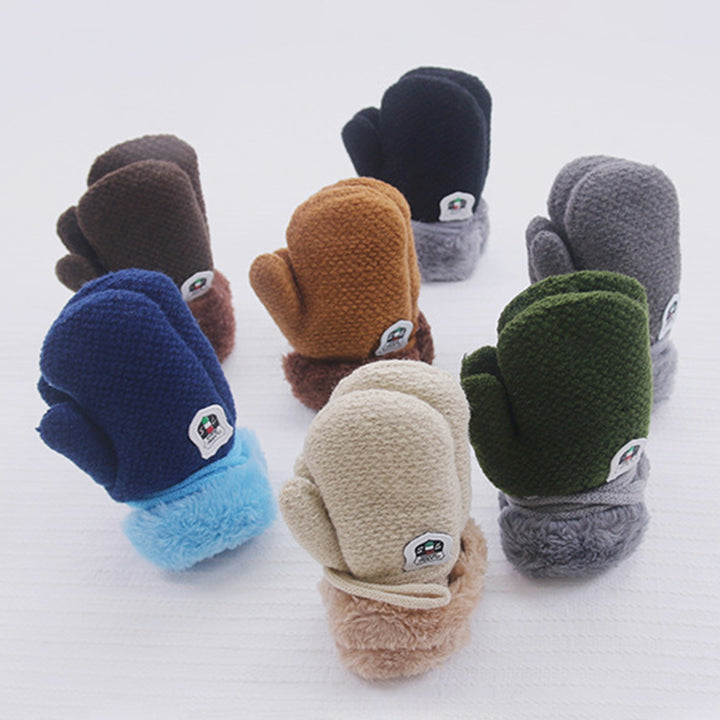 1 Pair Hanging Rope Thickened Fleece Lining Windproof Winter Gloves Cartoon Logo Solid Color Baby Knitting Mittens Image 10
