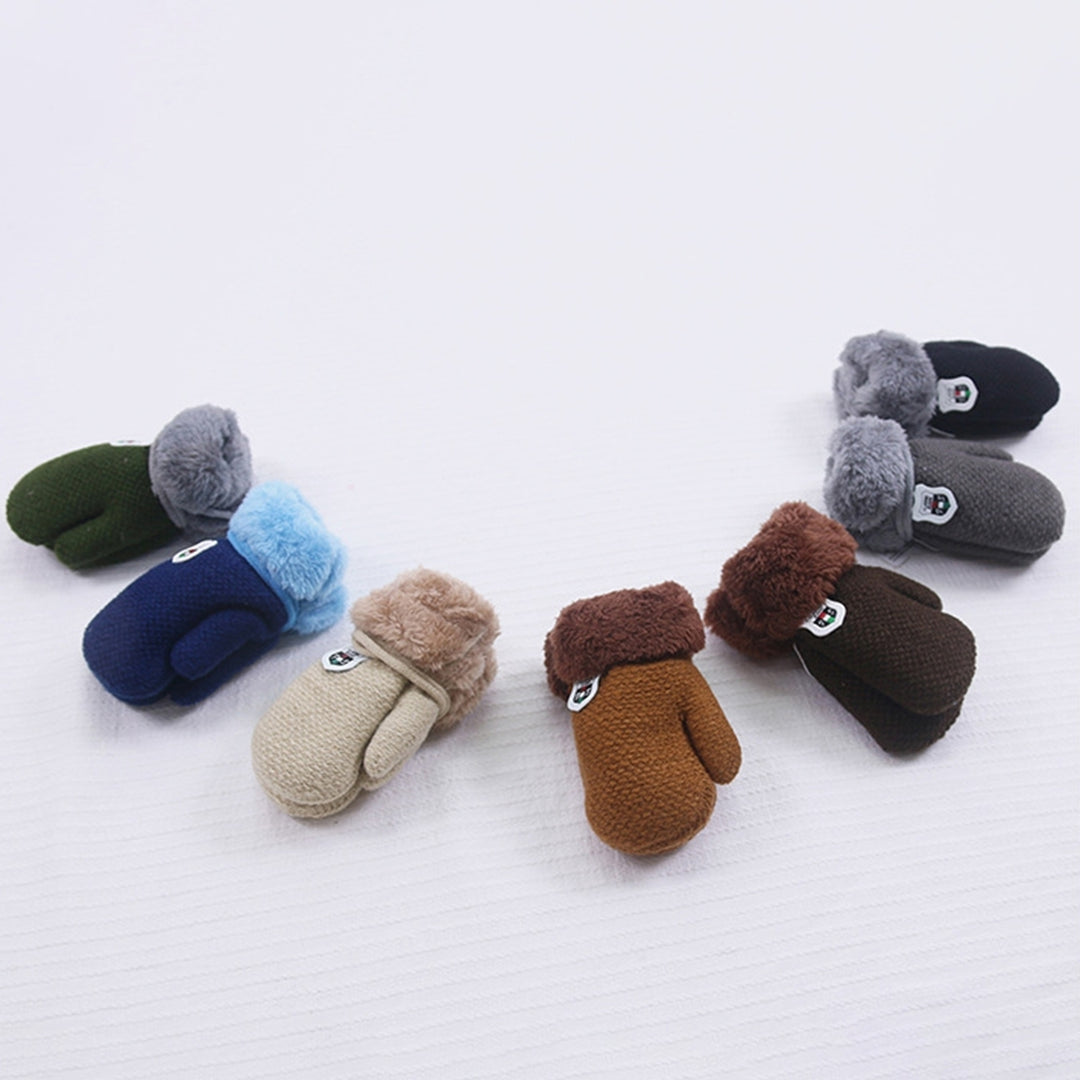 1 Pair Hanging Rope Thickened Fleece Lining Windproof Winter Gloves Cartoon Logo Solid Color Baby Knitting Mittens Image 12