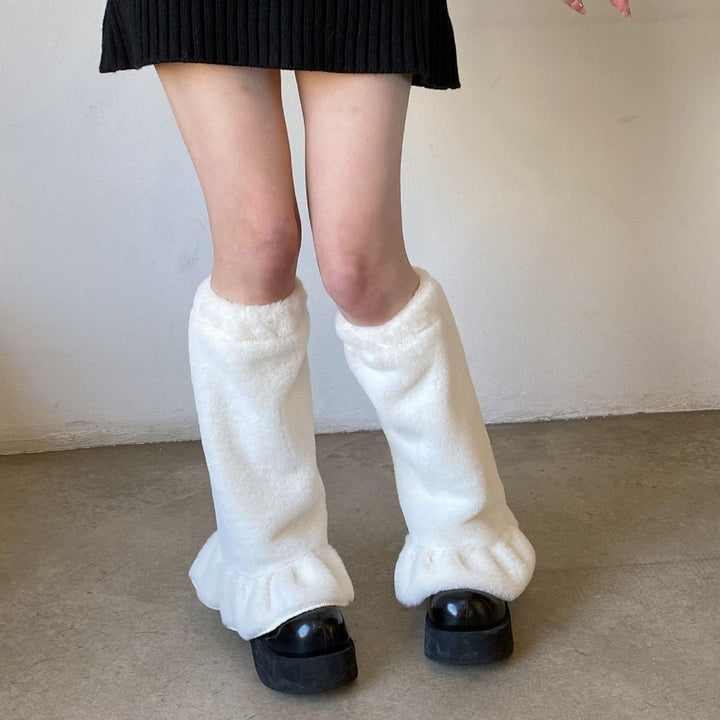 1 Pair Leg Warmers Smocked Lace Straight Plush Medium Tube Knee-length Warm Socks for Shopping Image 4