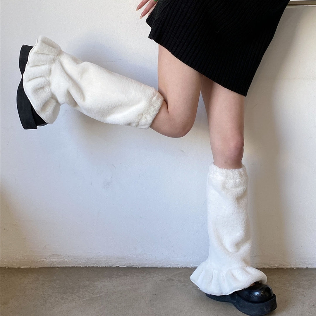 1 Pair Leg Warmers Smocked Lace Straight Plush Medium Tube Knee-length Warm Socks for Shopping Image 11