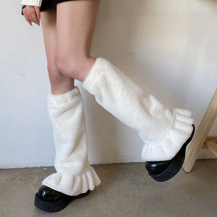 1 Pair Leg Warmers Smocked Lace Straight Plush Medium Tube Knee-length Warm Socks for Shopping Image 12
