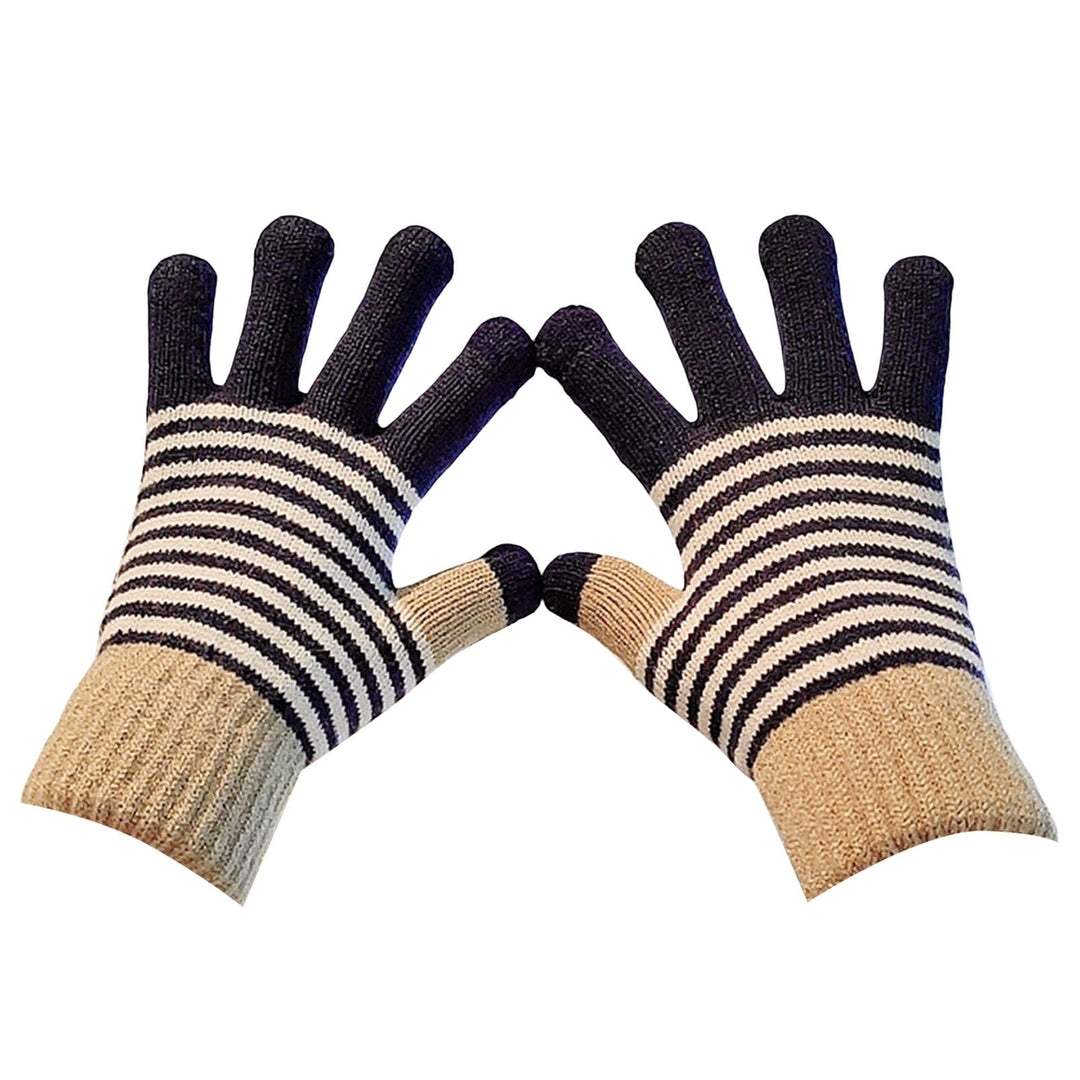 1 Pair Thickened Warm Full Fingers Ribbed Cuffs Winter Gloves Couple Striped Splicing Fleece Lining Knitting Gloves Image 4