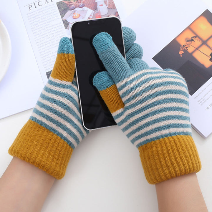 1 Pair Thickened Warm Full Fingers Ribbed Cuffs Winter Gloves Couple Striped Splicing Fleece Lining Knitting Gloves Image 7