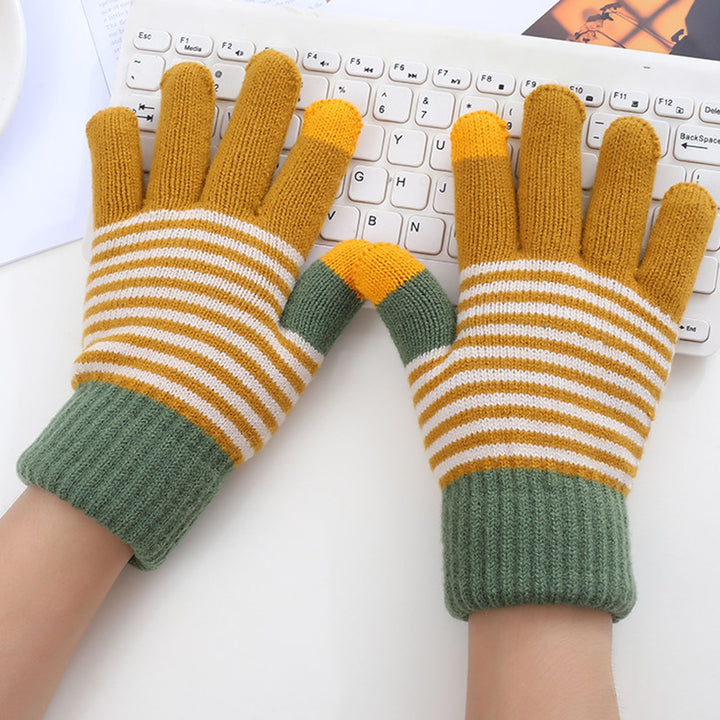 1 Pair Thickened Warm Full Fingers Ribbed Cuffs Winter Gloves Couple Striped Splicing Fleece Lining Knitting Gloves Image 8